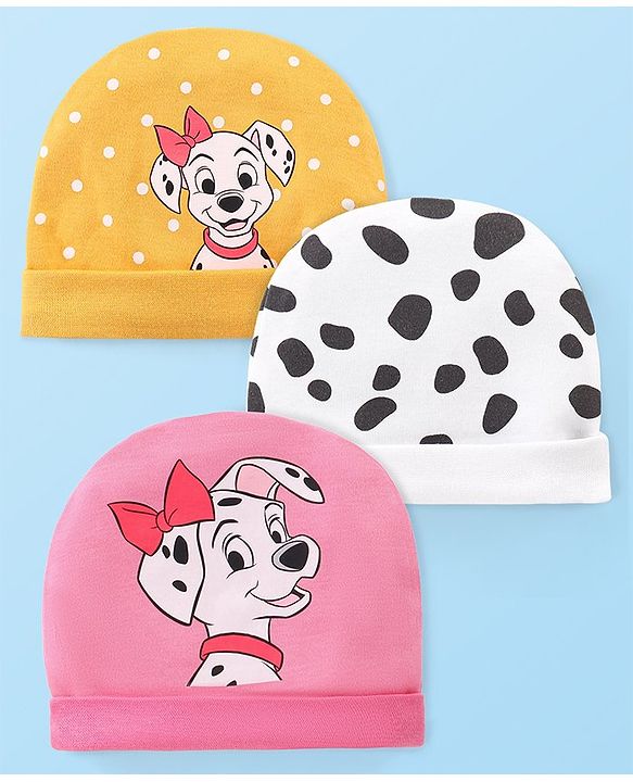 Babyhug Disney  Interlock Knit Caps with 101 Dalmatians Graphic Pack of 3 - Pink Yellow & White