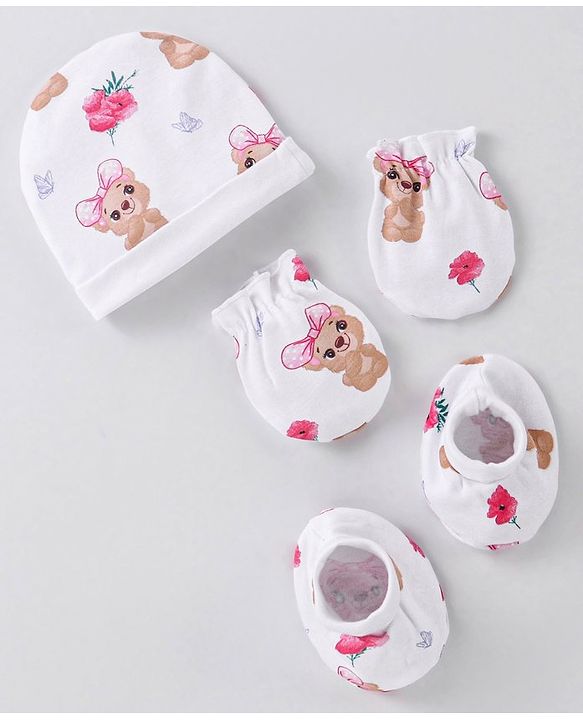 Babyhug 100% Cotton Interlock Knit Cap Mittens & Booties Set with Teddy Bear Print - White