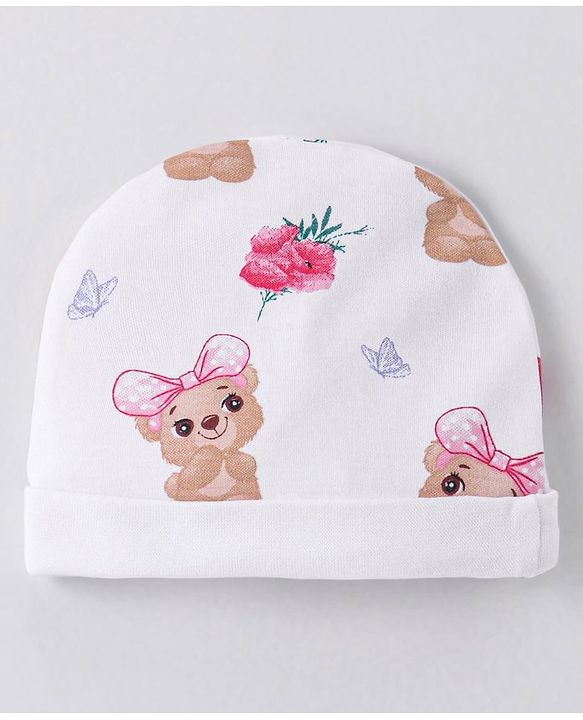 Babyhug 100% Cotton Interlock Knit Cap Mittens & Booties Set with Teddy Bear Print - White