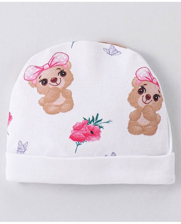 Babyhug 100% Cotton Interlock Knit Cap Mittens & Booties Set with Teddy Bear Print - White