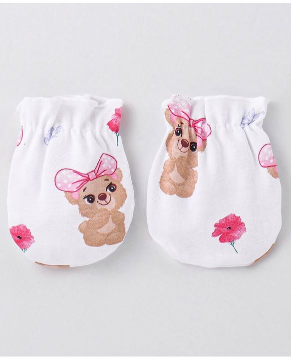 Babyhug 100% Cotton Interlock Knit Cap Mittens & Booties Set with Teddy Bear Print - White