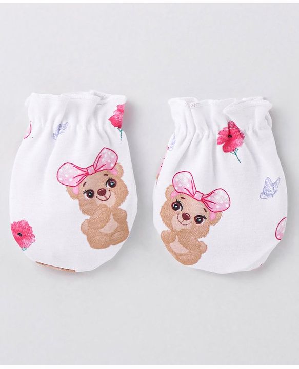 Babyhug 100% Cotton Interlock Knit Cap Mittens & Booties Set with Teddy Bear Print - White