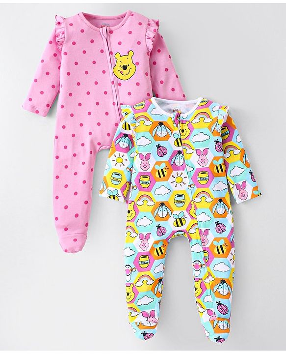 Babyhug Disney Interlock Knit Full Sleeves Sleep Suit with Frill Detailing & Winnie the Pooh Print Pack of 2 - Pink &  White