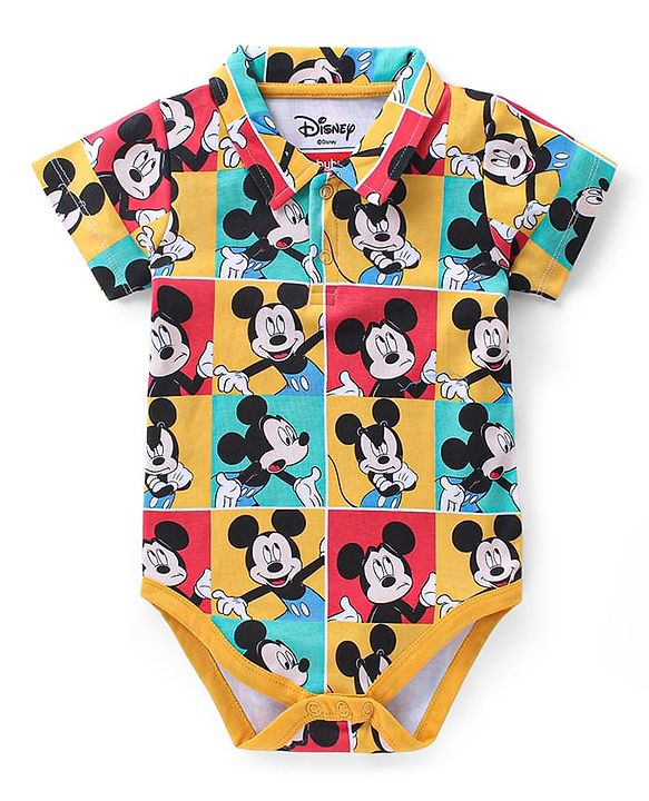 Babyhug Disney Interlock Knit Half Sleeves Onesie With Shorts Mickey Mouse Graphics - Multicolour