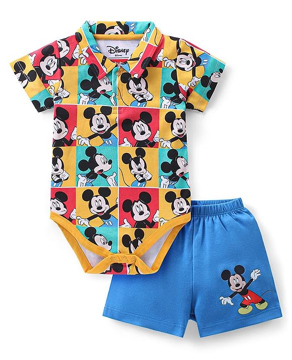 Babyhug Disney Interlock Knit Half Sleeves Onesie With Shorts Mickey Mouse Graphics - Multicolour