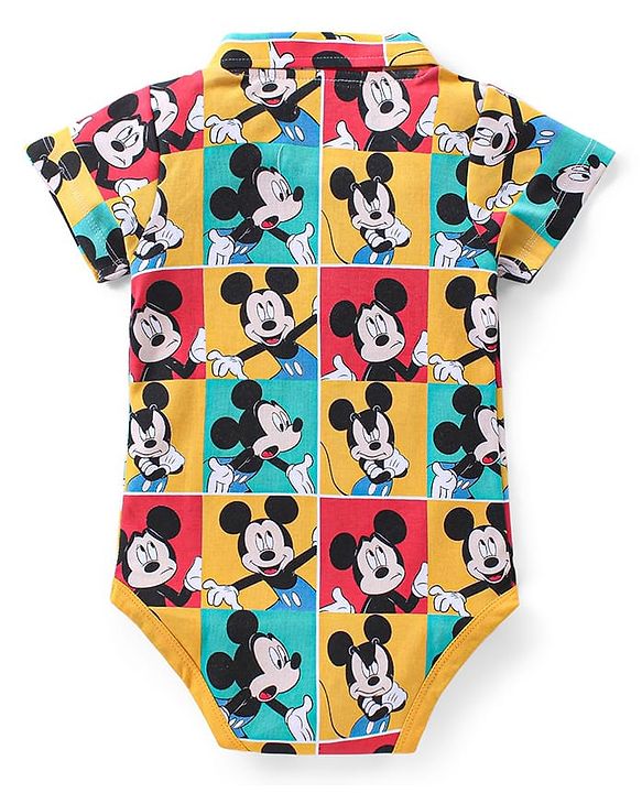 Babyhug Disney Interlock Knit Half Sleeves Onesie With Shorts Mickey Mouse Graphics - Multicolour