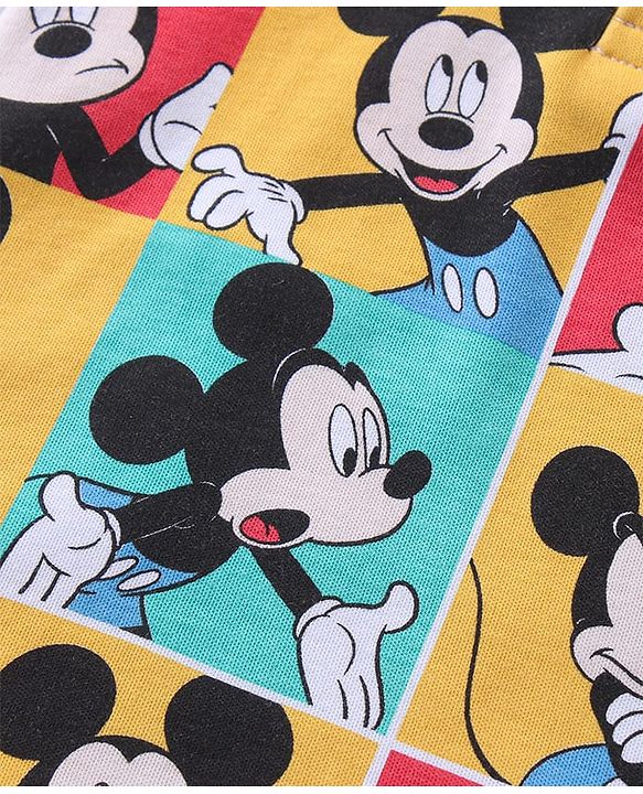 Babyhug Disney Interlock Knit Half Sleeves Onesie With Shorts Mickey Mouse Graphics - Multicolour