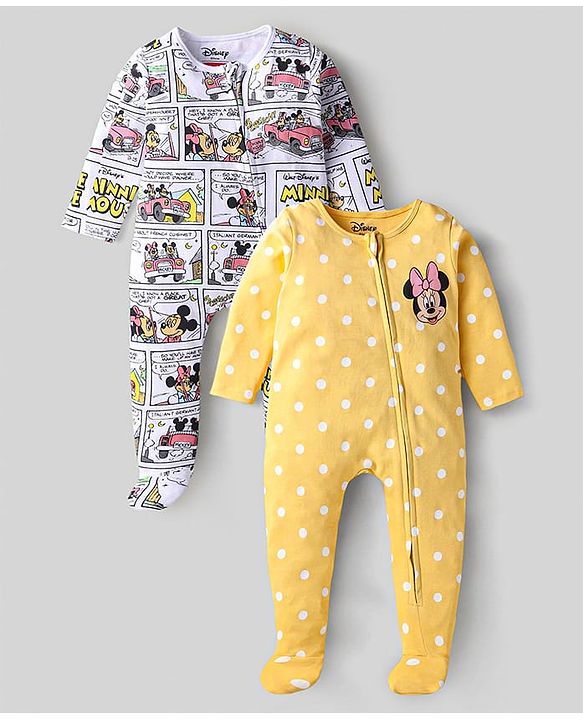 Babyhug Disney Interlock Knit Full Sleeves Sleep Suits With Minnie Mouse Graphics Pack of 2 - White & Yellow