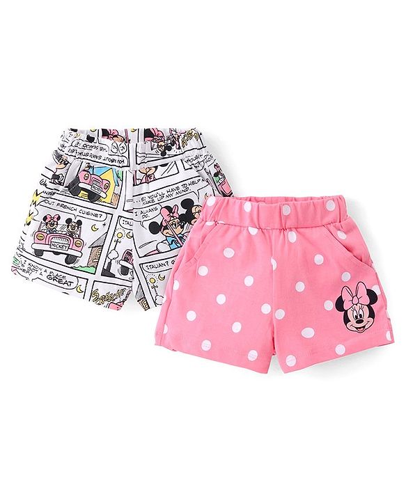 Babyhug Disney  Single jersey Shorts With Minnie Mouse Print Pack of 2 - White & Pink