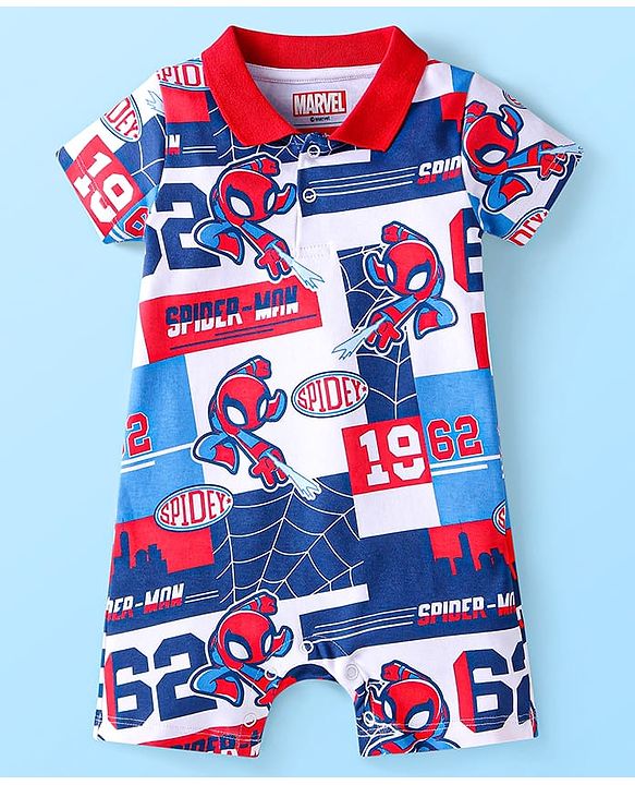 Babyhug Marvel Interlock Knit Half Sleeves Romper with Spiderman Print & Collar Detailing - Red Blue & White