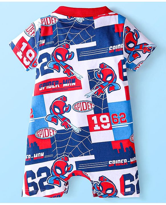Babyhug Marvel Interlock Knit Half Sleeves Romper with Spiderman Print & Collar Detailing - Red Blue & White