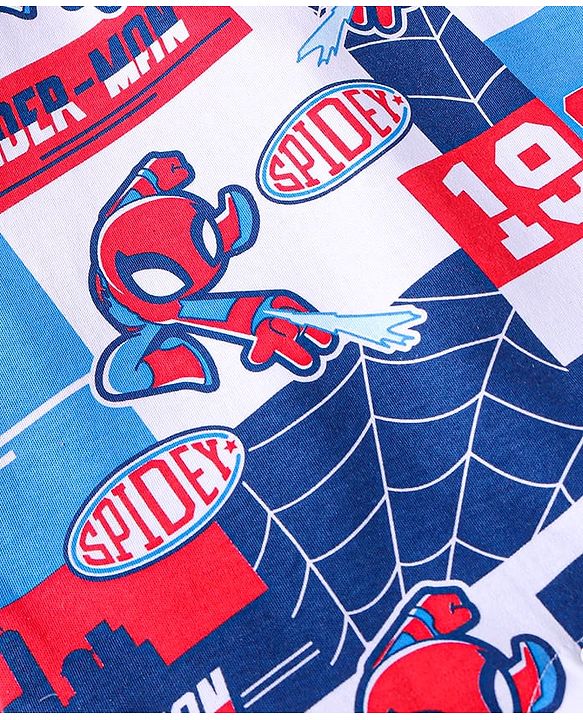 Babyhug Marvel Interlock Knit Half Sleeves Romper with Spiderman Print & Collar Detailing - Red Blue & White