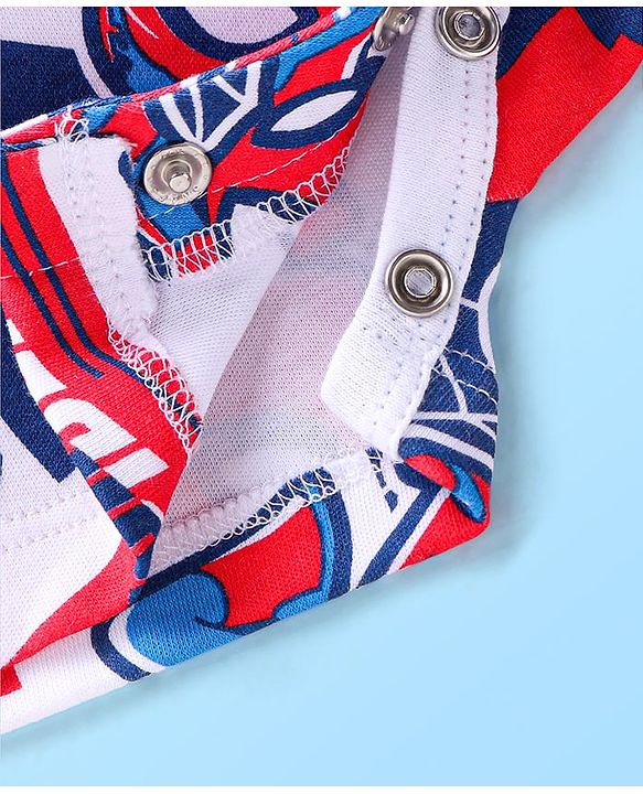 Babyhug Marvel Interlock Knit Half Sleeves Romper with Spiderman Print & Collar Detailing - Red Blue & White