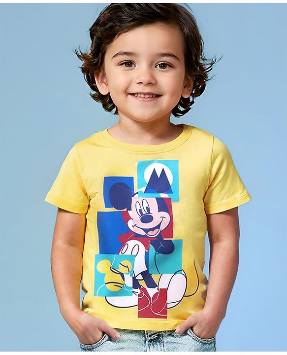 Babyhug Disney Single Jersey Half Sleeves T-Shirt with Mickey Mouse Graphic -Yellow
