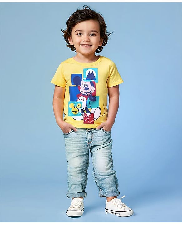 Babyhug Disney Single Jersey Half Sleeves T-Shirt with Mickey Mouse Graphic -Yellow
