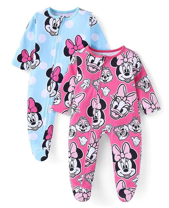 Babyhug Disney Interlock Knit Full Sleeves Sleep Suits With Minnie Mouse & Friends Print Pack Of 2 - Pink & Blue