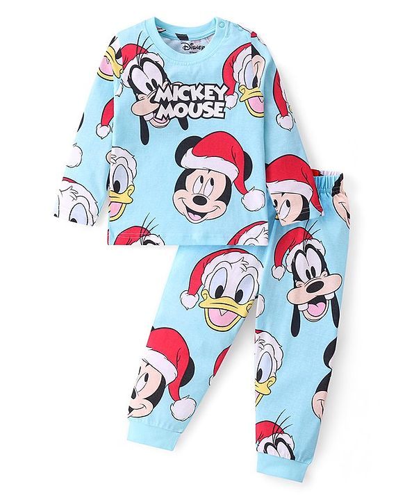 Babyhug Disney Single Jersey Knit Full Sleeves Night Suit With Mickey Mouse Print - Blue