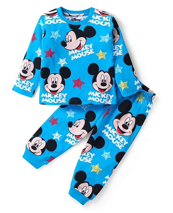 Babyhug Disney Cotton Knit Full Sleeves Night Suit with Mickey Mouse Print - Blue