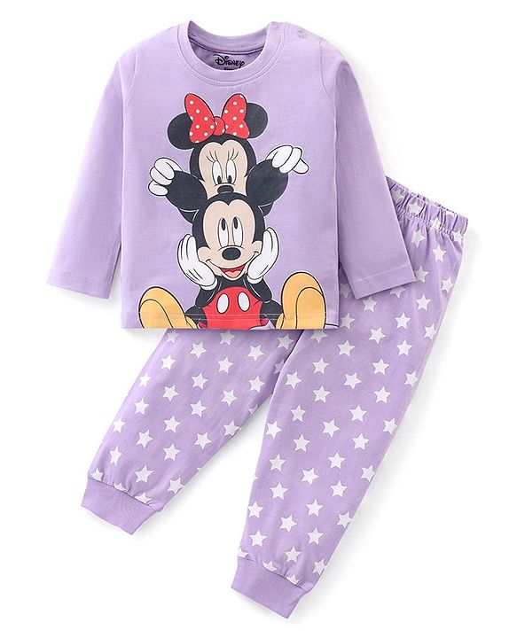 Babyhug Disney Single Jersey Knit Full Sleeves Night Suit with Minnie and Mickey Mouse Graphics - Purple