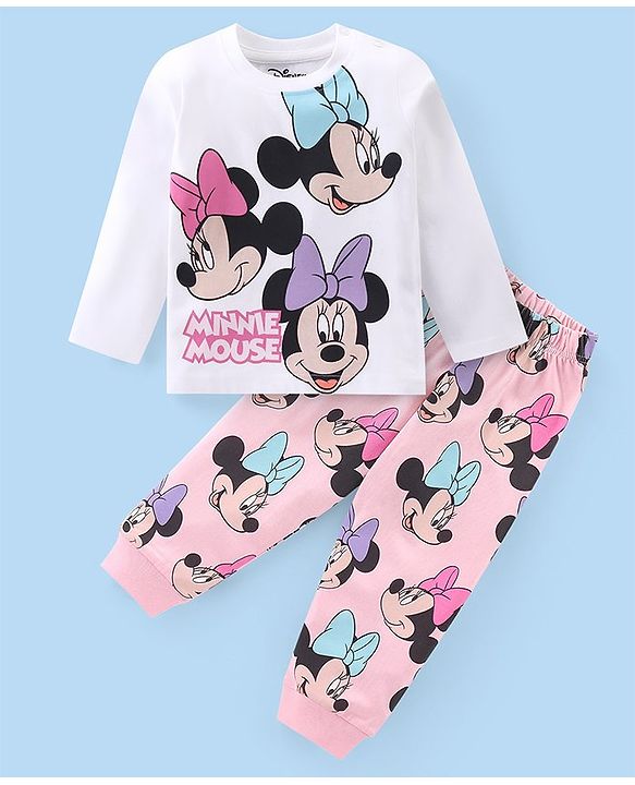 Babyhug Disney Single Jersey Full Sleeves Night Suit With Minnie Mouse Graphics - White & Pink