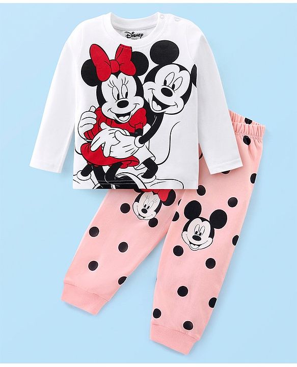 Babyhug Disney Cotton Knit Full Sleeves Night Suit With Mickey Mouse Graphics - White & Pink