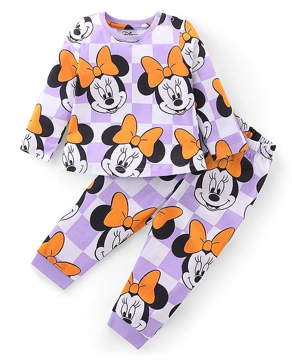 Babyhug Disney Single Jersey Full Sleeves Night Suit With Minnie Mouse Graphics - White & Purple