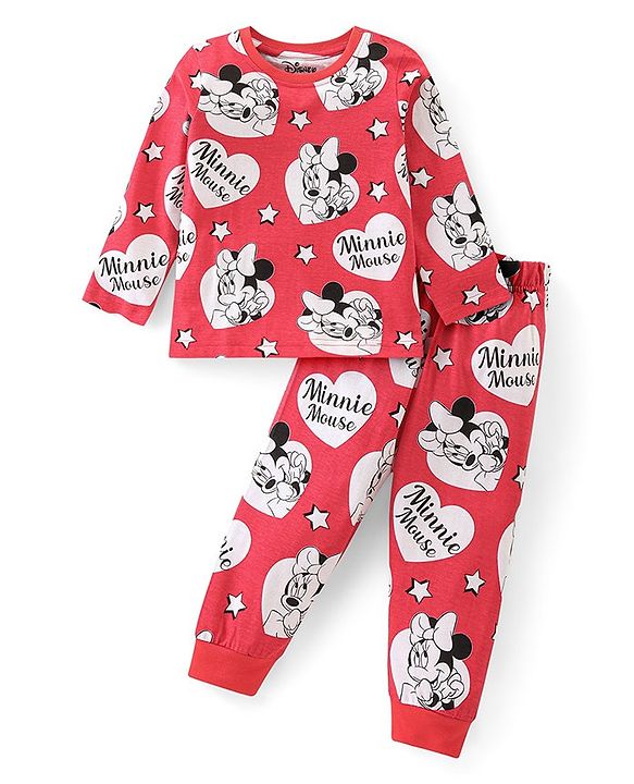 Babyhug Disney Single Jersey Knit Full Sleeves Night Suit with Minnie Mouse Print - Red