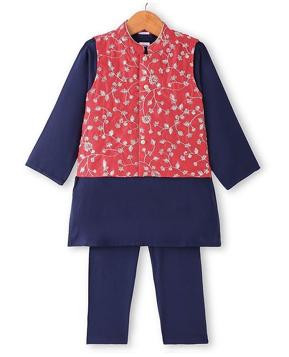 Babyhug Woven Full Sleeves Solid Kurta Pyjama Set With Embroidered Jacket - Navy Blue