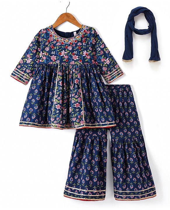 Babyhug  Woven  Three Fourth Sleeves  Floral Printed Kurta & Gharara Set with Dupatta - Blue