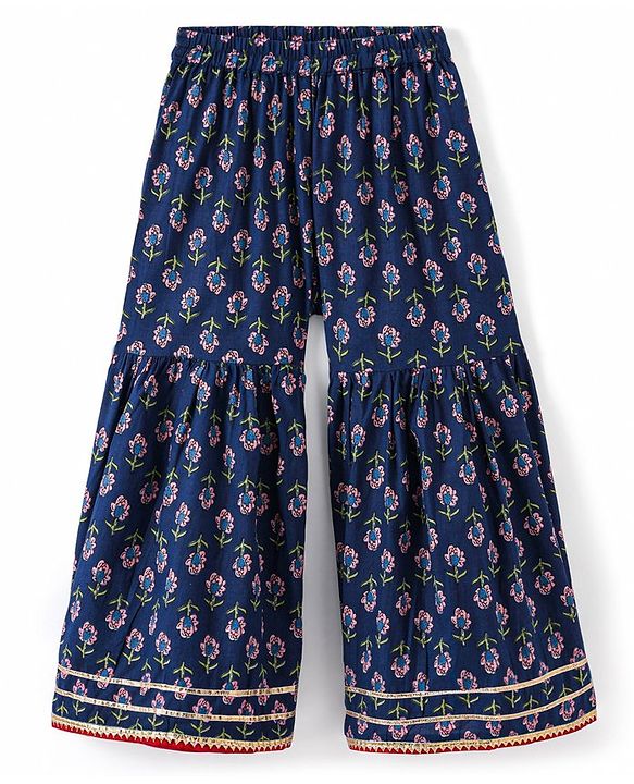 Babyhug  Woven  Three Fourth Sleeves  Floral Printed Kurta & Gharara Set with Dupatta - Blue