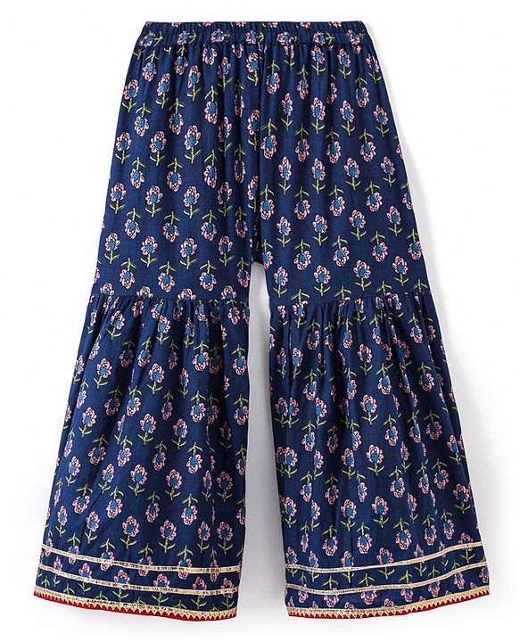 Babyhug  Woven  Three Fourth Sleeves  Floral Printed Kurta & Gharara Set with Dupatta - Blue