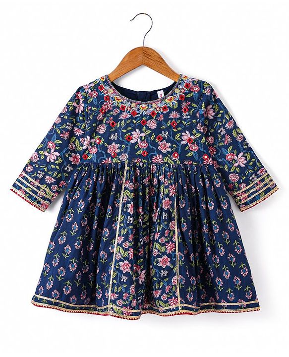 Babyhug  Woven  Three Fourth Sleeves  Floral Printed Kurta & Gharara Set with Dupatta - Blue