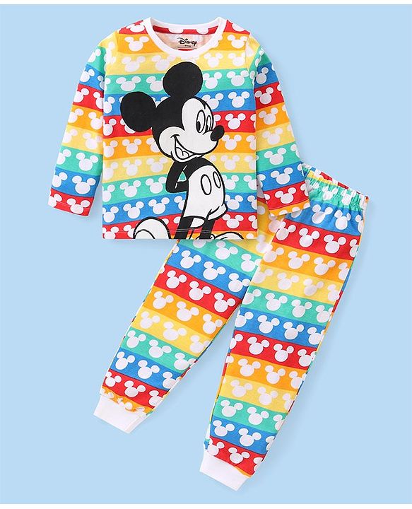 Babyhug Disney Cotton Knit Full Sleeves Night Suit With Mickey Mouse Graphics - Multicolor