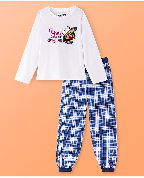 Pine Kids Single Jersey Knit Full Sleeves Checkered Night Suit With Butterfly Print - White & Blue
