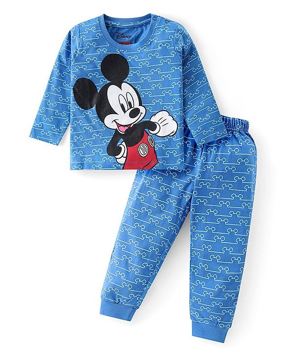 Babyhug Disney Single Jersey Knit Full Sleeves Night Suit With Mickey Mouse Graphics -Blue