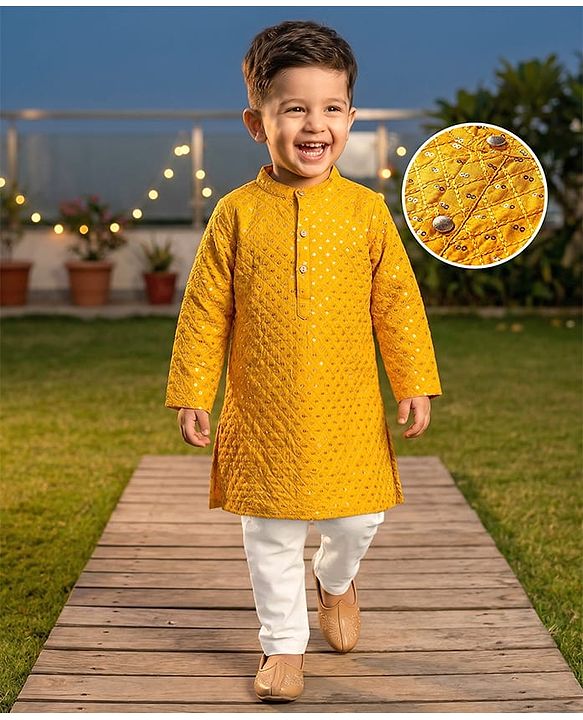 Babyhug Woven Full Sleeves Sequined Embroidered Kurta & Pyjama Set - Mustard