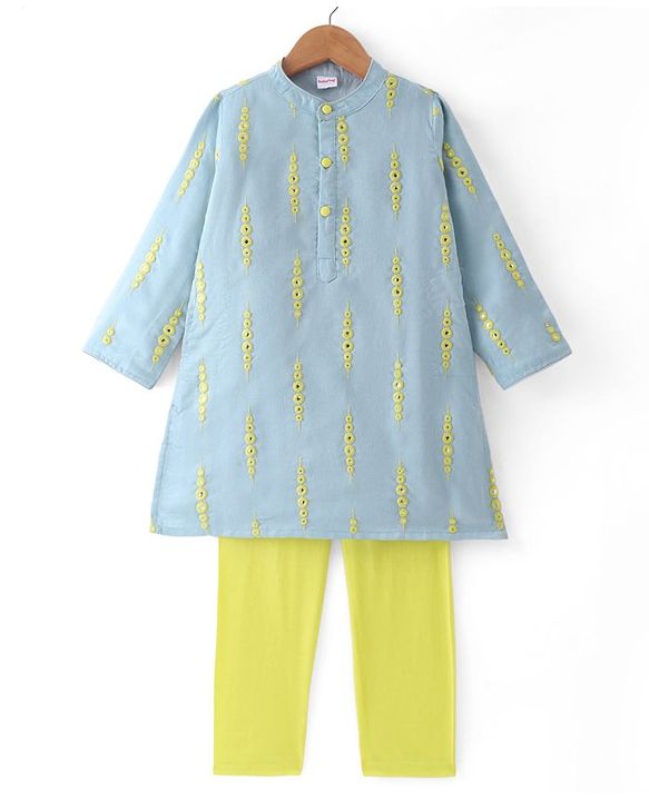 Babyhug Woven Full Sleeves Mirror Embroidered Kurta Pyjama Set  - Blue