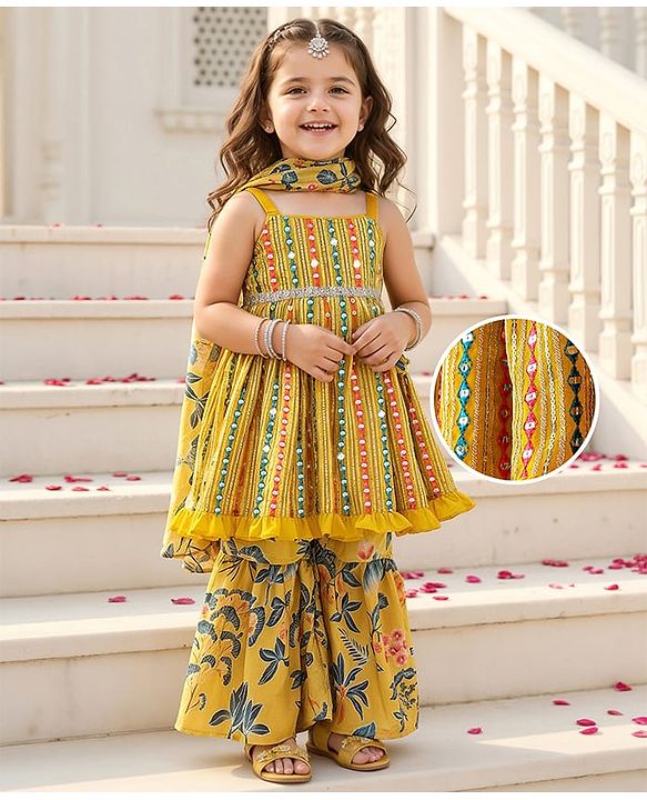 Babyhug Woven Sleeveless Embroidered Kurti With Floral Printed Sharara & Dupatta Set - Mustard