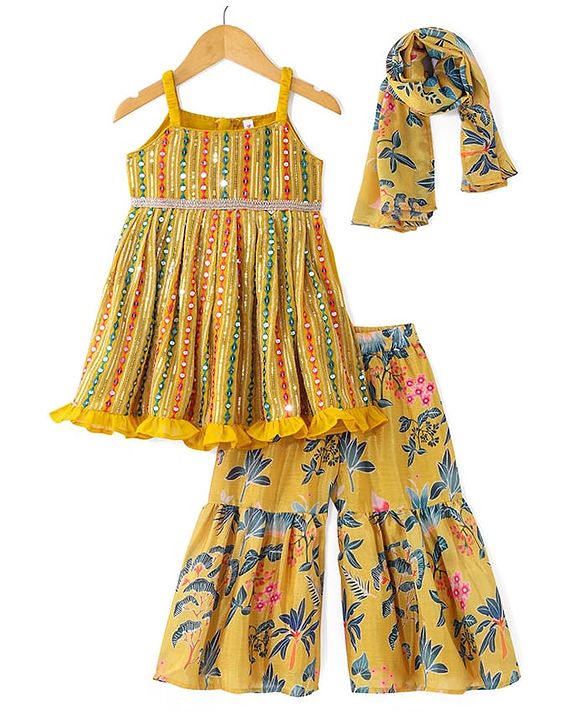 Babyhug Woven Sleeveless Embroidered Kurti With Floral Printed Sharara & Dupatta Set - Mustard