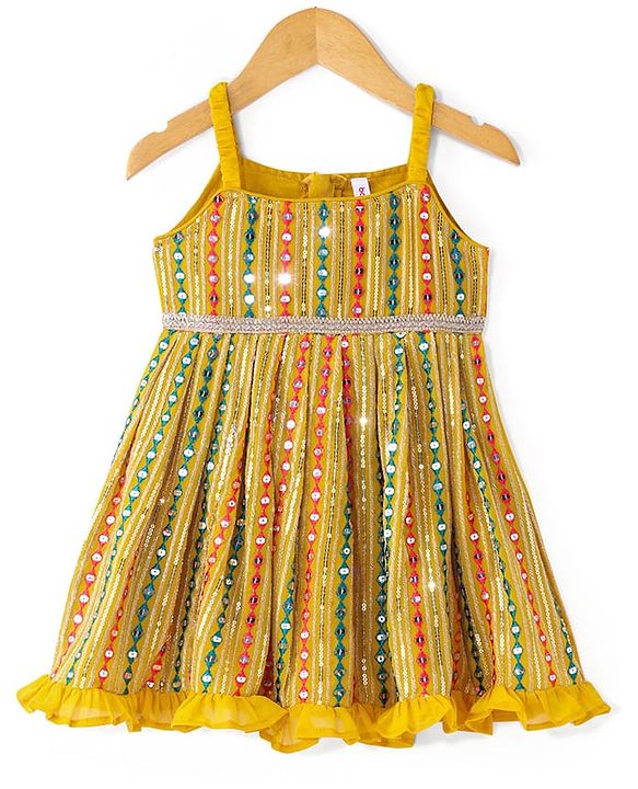 Babyhug Woven Sleeveless Embroidered Kurti With Floral Printed Sharara & Dupatta Set - Mustard