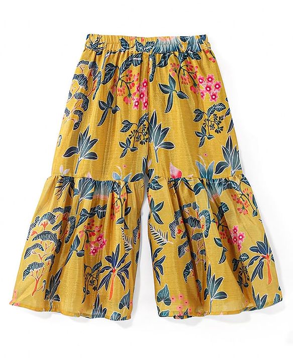 Babyhug Woven Sleeveless Embroidered Kurti With Floral Printed Sharara & Dupatta Set - Mustard