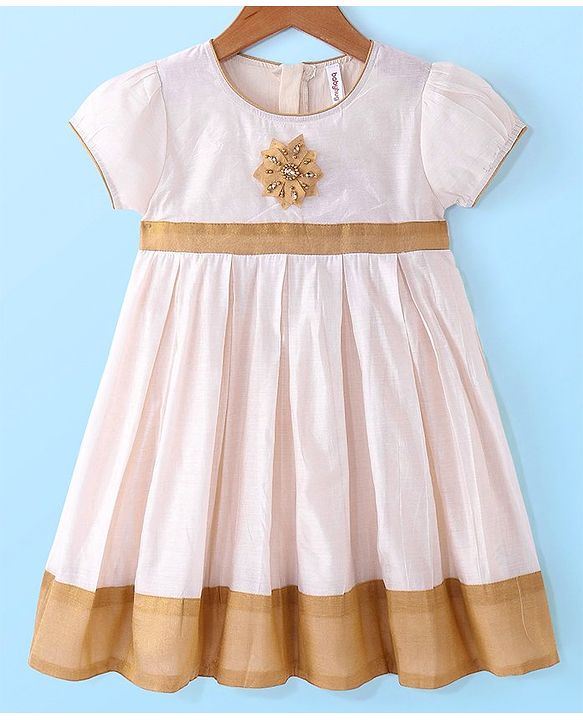 Babyhug Woven Short Sleeves South  Ethnic Dress with Floral Applique - Off White