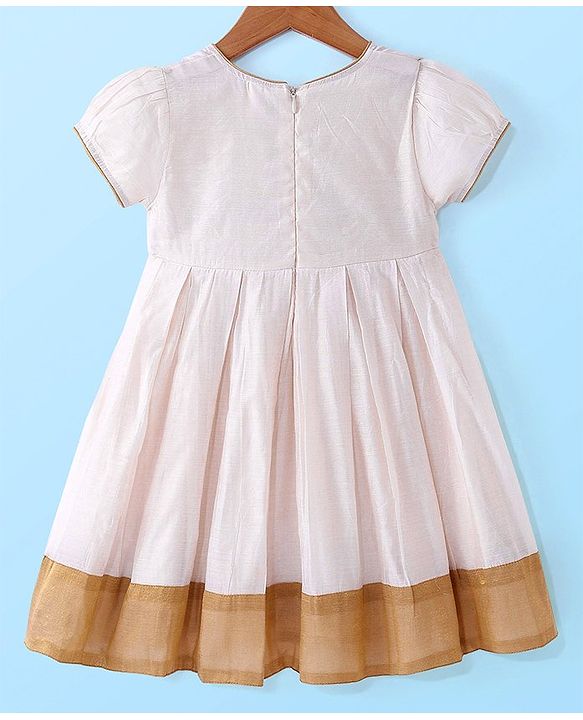 Babyhug Woven Short Sleeves South  Ethnic Dress with Floral Applique - Off White
