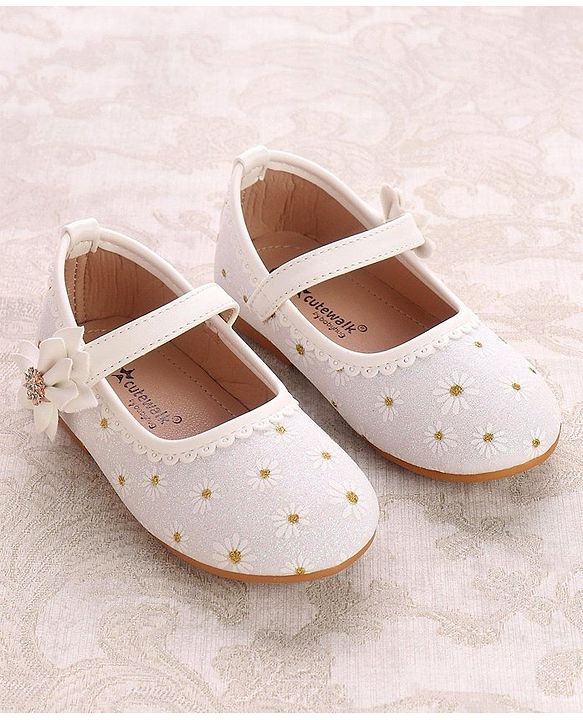 Cute Walk by Babyhug Party Wear Belly Shoes Floral Appliques - White
