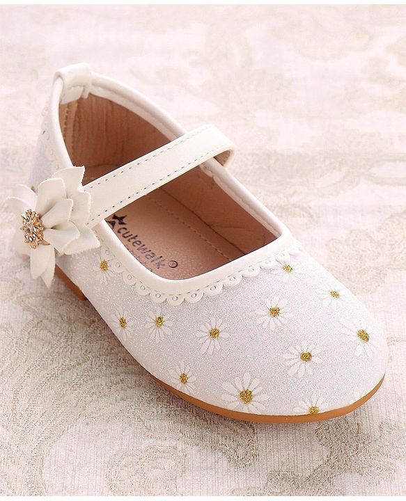 Cute Walk by Babyhug Party Wear Belly Shoes Floral Appliques - White