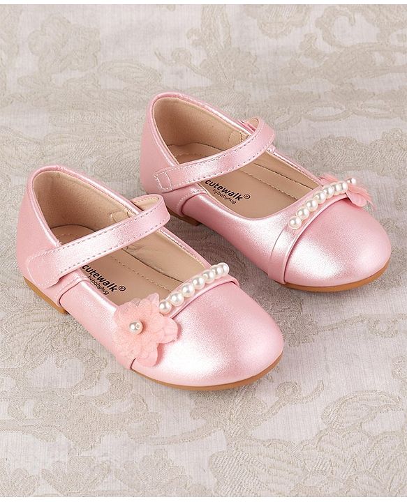 Cute Walk by Babyhug Velcro Closure with Pearls & Floral Applique Ballerinas - Pink