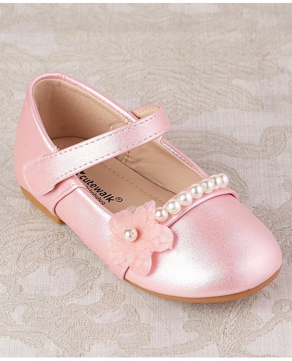 Cute Walk by Babyhug Velcro Closure with Pearls & Floral Applique Ballerinas - Pink