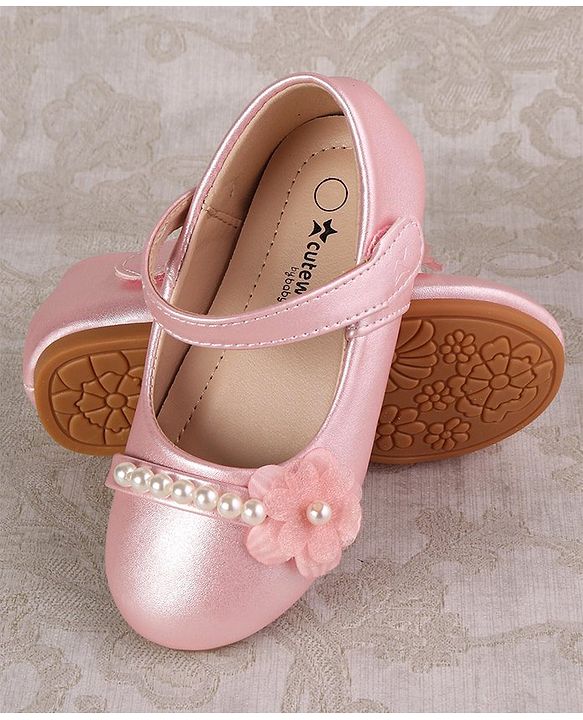 Cute Walk by Babyhug Velcro Closure with Pearls & Floral Applique Ballerinas - Pink