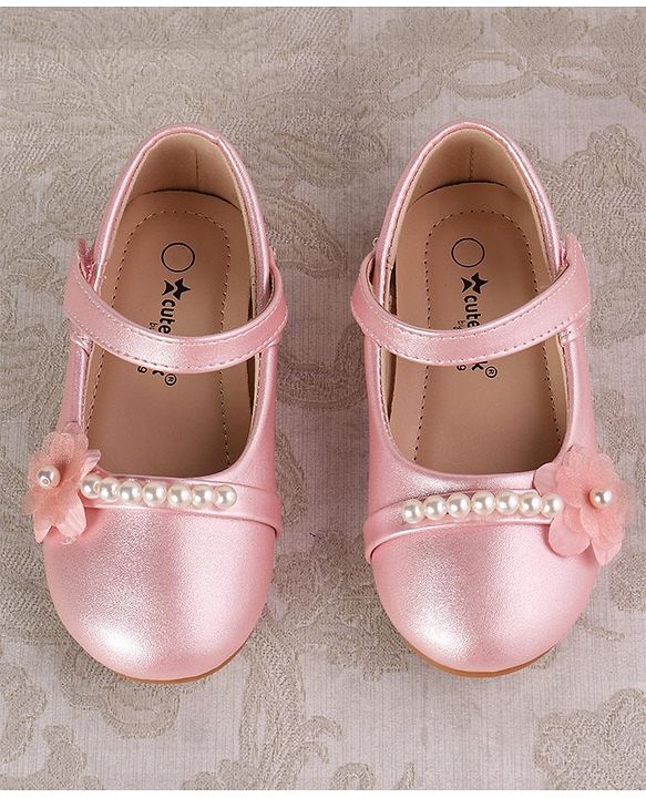 Cute Walk by Babyhug Velcro Closure with Pearls & Floral Applique Ballerinas - Pink