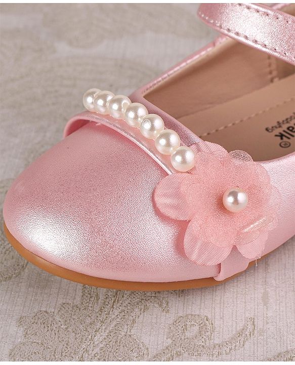 Cute Walk by Babyhug Velcro Closure with Pearls & Floral Applique Ballerinas - Pink